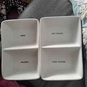 Rae Dunn ceramic divided dishes, featuring the inspirational words "HOPE," "BELI
